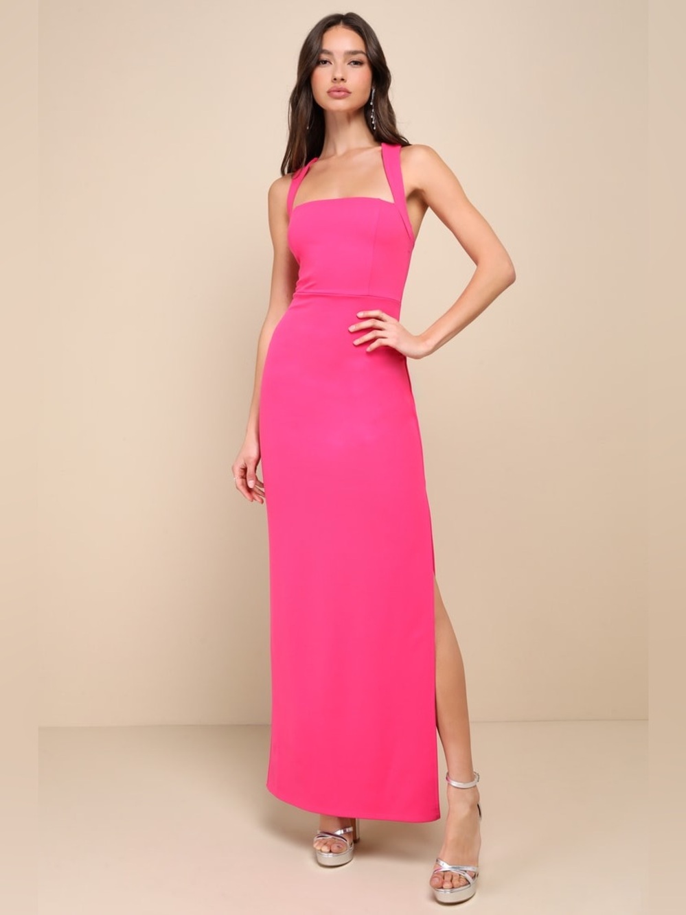 NWT Lulus Glamorous Dedication Hot Pink Sleeveless Column Maxi Dress Women's XS